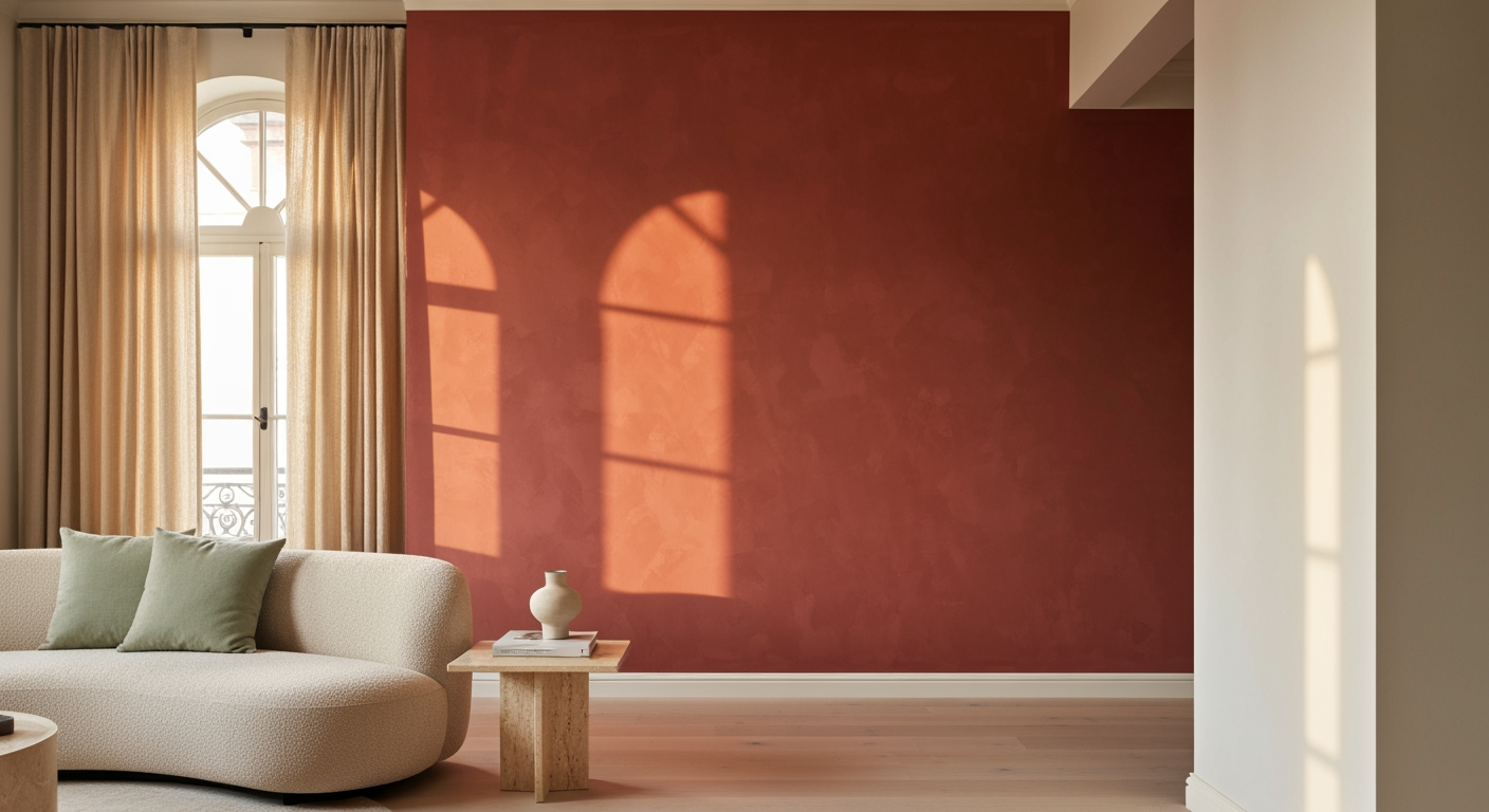 Living room with terracotta accent wall painted by ReSpace